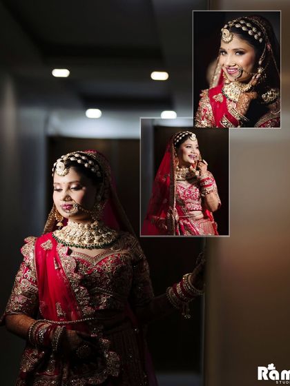 A collage of the bride's portraits in a hallway, using creative composition to highlight her joyful expressions and beautiful attire.
