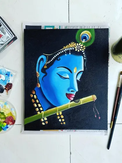On the occasion of Janmashtami, I painted this piece of Lord Krishna using acrylics. I often create my own art to explore new techniques that I can then share with all my wonderful students.