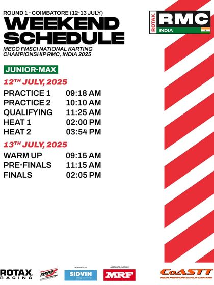 The race weekend schedule for the Junior Max class at Round 1 in Coimbatore.