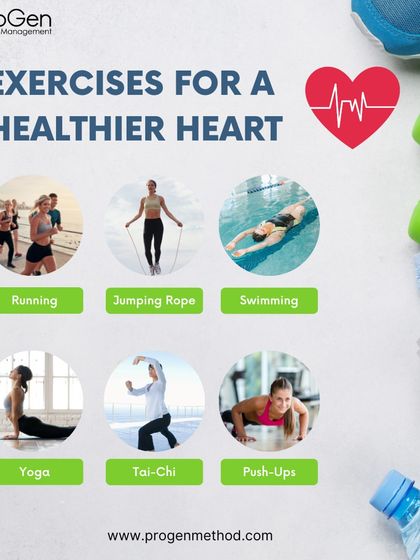 This graphic showcases several exercises for a healthier heart. Activities like running, swimming, yoga, and even push-ups are all great options.