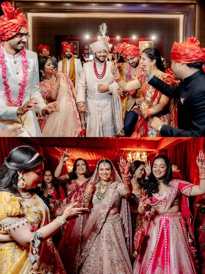 A collage capturing the fun and energy of the bride and groom dancing with their respective squads during the wedding festivities.