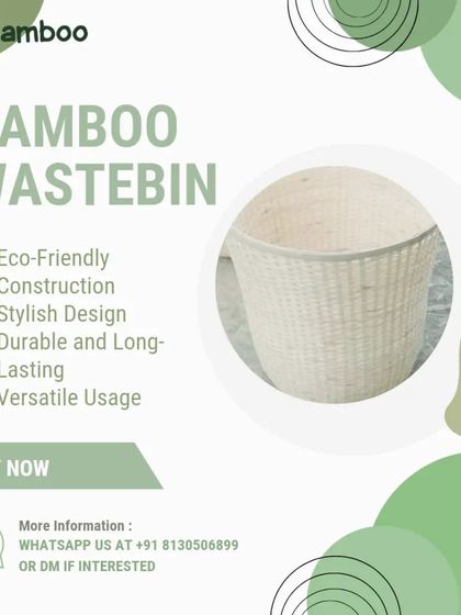 An advertisement for our eco-friendly bamboo wastebin. This simple, stylish, and durable basket is a sustainable alternative to plastic bins, suitable for any room in the house or office.