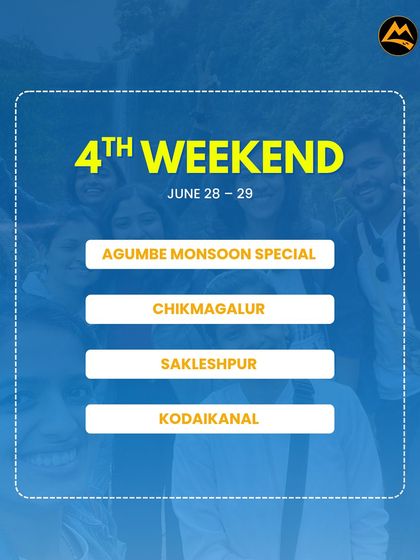 Our plan for the 4th weekend of June. We have the Agumbe monsoon special and trips to Chikmagalur, Sakleshpur, and Kodaikanal.