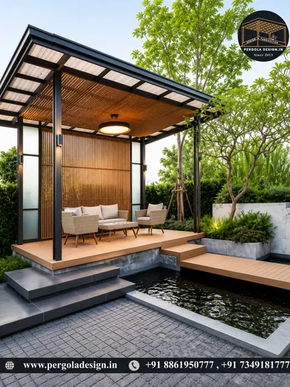 This poolside gazebo combines natural wood tones with a sleek black metal frame. The structure is elevated over a water channel, creating a unique and serene floating lounge effect that enhances the entire backyard.
