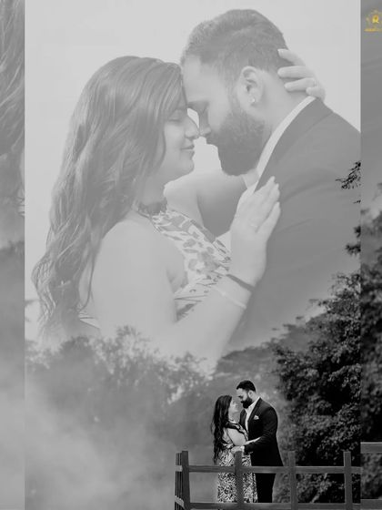 A creative double-exposure style portrait, blending an intimate close-up with a wider shot of the couple on a bridge. This showcases my artistic post-production capabilities.