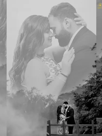 A creative double-exposure style portrait, blending an intimate close-up with a wider shot of the couple on a bridge. This showcases my artistic post-production capabilities.