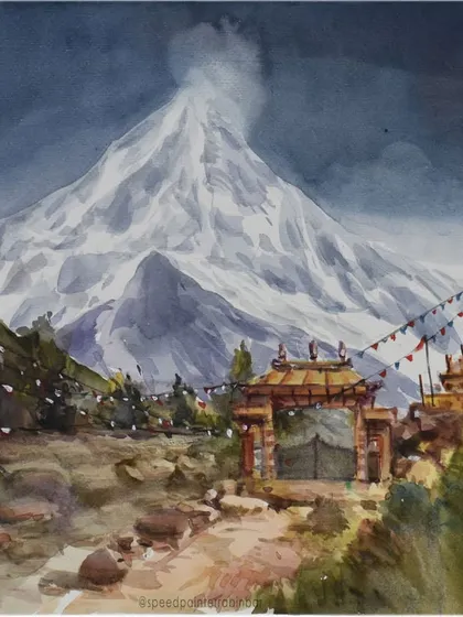 This watercolor painting captures the serene beauty of the mountains. I focus on creating atmosphere with color and light, a technique I teach in my watercolor workshops for students of all levels.