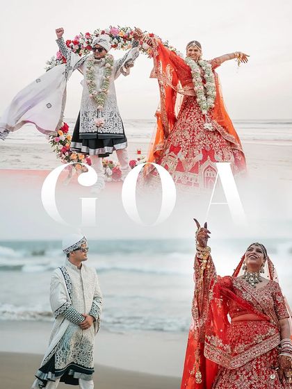A collage celebrating the fun and energy of a Goa wedding. From the celebratory Varmala to the bride's dancing, these images capture the high spirits of a beach celebration.