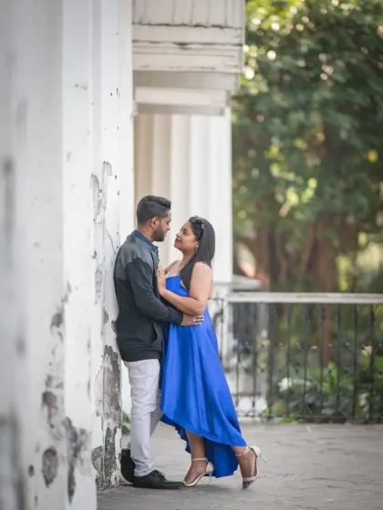 An intimate moment shared against a rustic, textured wall. I love finding unique spots around Mumbai that provide a beautiful backdrop for pre-wedding couple photography.