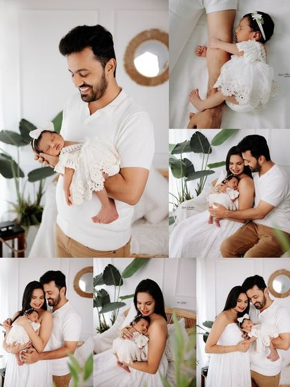 A collage of beautiful moments from a single family session, showing a variety of poses with mom, dad, and baby.