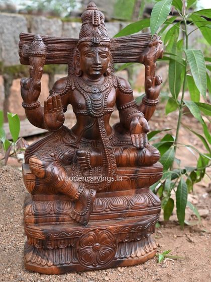 A full view of the 24-inch blessing Lord Mahadev sculpture with a classic wax brown finish.