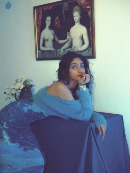 Washed in cool tones, this look is a high-fashion daydream. I used a pop of blue on the eyes to complement the mohair sweater, creating a moody and ethereal vibe.