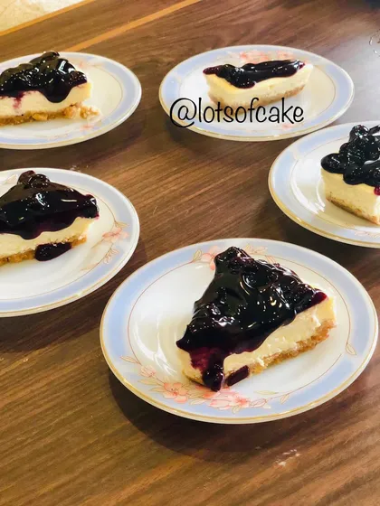You can't go wrong with a classic blueberry cheesecake. Mine has a buttery biscuit base, a rich and creamy cheese filling, and is topped with a generous layer of homemade blueberry compote.