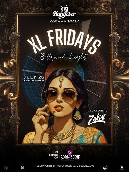 An "XL Fridays" Bollywood night at Hangover Koramangala, with a cool, glitchy, desi-pop art design.