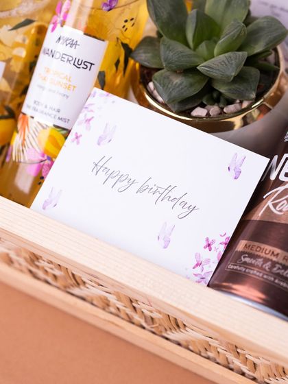 A simple and elegant 'Happy Birthday' card, part of the stationery suite for a custom birthday hamper.