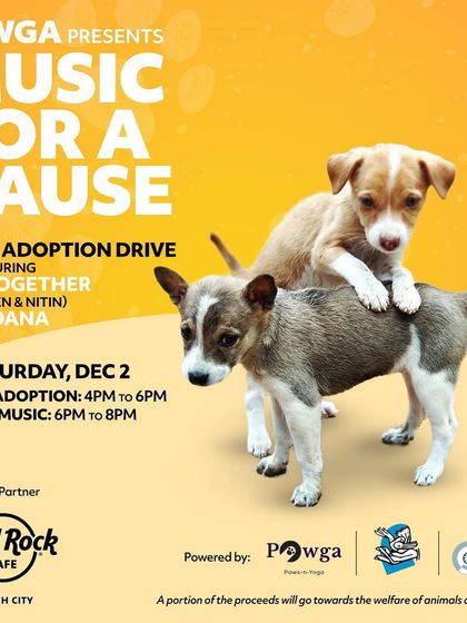 An announcement for our "Music for a Cause" event in Hyderabad, featuring live music and a pet adoption drive.