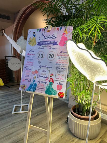 A personalized milestone board for the first birthday, designed with a princess theme to share fun facts about the birthday girl.