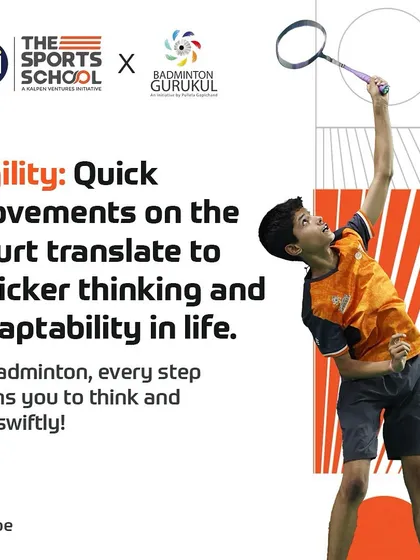 Infographics paired with action shots, illustrating how badminton builds focus, teamwork, agility, and determination.