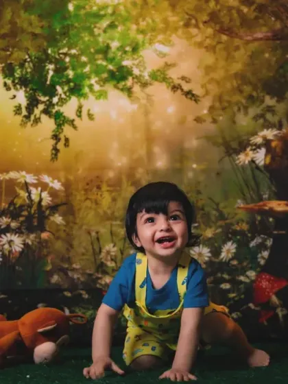 A happy crawler in the enchanted forest. The magical lighting in this backdrop creates a fairytale feel.