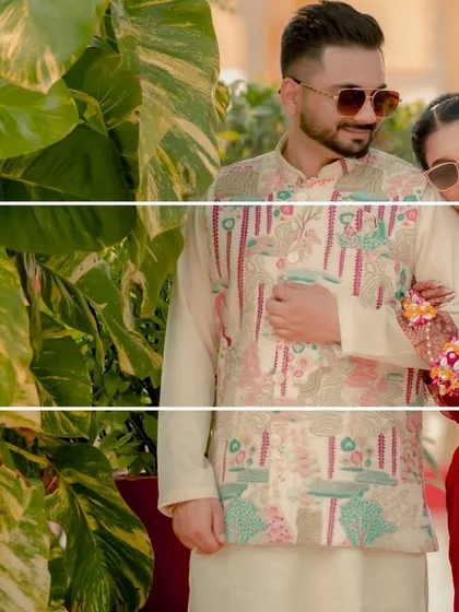 A cool, candid shot of Alankrit and Parul, sunglasses on, enjoying a quiet moment together amidst the vibrant greenery and Haldi celebrations.