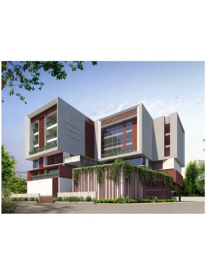 A render of the Miner’s Training Academy in Raipur. The design uses interlocking volumes and integrated green spaces to create a modern and professional training environment.