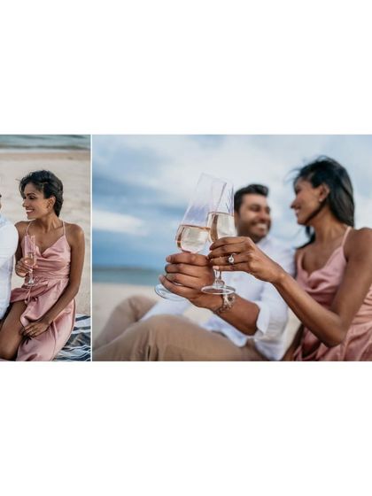 A collage from a beach pre-wedding shoot, featuring a romantic picnic and a champagne toast to their future.