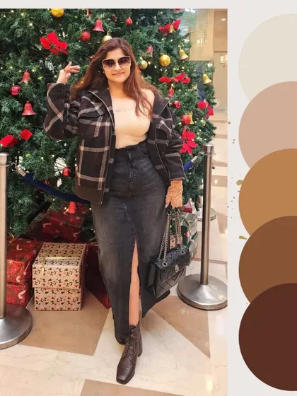 This look showcases a full-length view of styling with brown. The oversized jacket is balanced with a sleek denim skirt and ankle boots, creating a chic winter look. The color palette on the side breaks down the different tones used in the outfit.