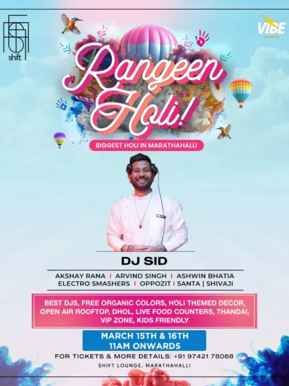 A flyer for the 'Rangeen Holi' festival, where I was part of a massive DJ lineup for a two-day color-filled party.