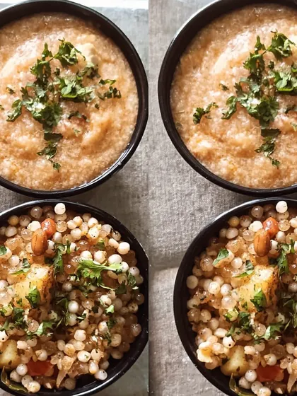 A Navratri special combo of Swank Pulao and Sabudana Khichdi. Both are made using vrat-friendly ingredients and sendha namak (rock salt).