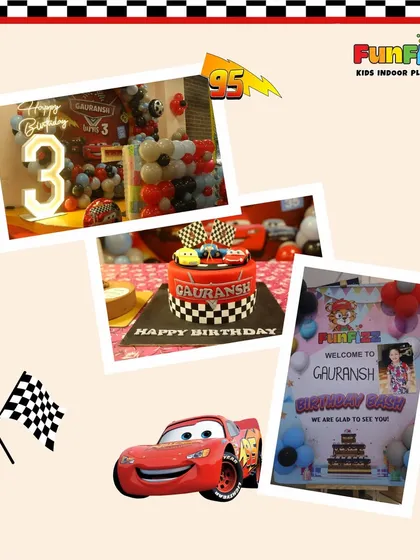This collage showcases the complete setup for the Cars party. It highlights the custom welcome sign, the amazing cake, and the detailed stage decorations.