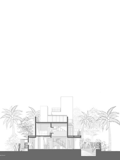 A cross-section drawing of the SANCTUM House. This type of drawing is essential for understanding the building's relationship to the site's topography and how light enters different spaces.