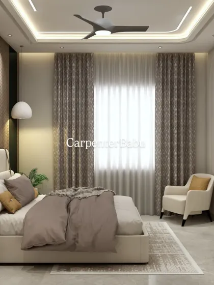 A cozy bedroom with a warm, earthy color palette. The design uses a mix of wood textures and soft lighting to create a relaxing and inviting atmosphere.