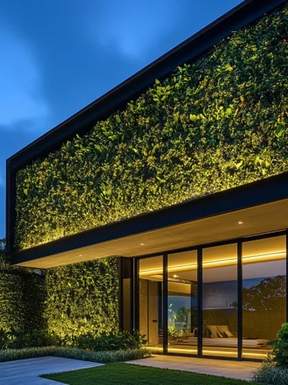 We believe architecture should breathe with its environment. This residence features a living facade, where a vertical garden becomes an integral part of the structure, beautifully illuminated at night to create a dynamic and sustainable design statement.