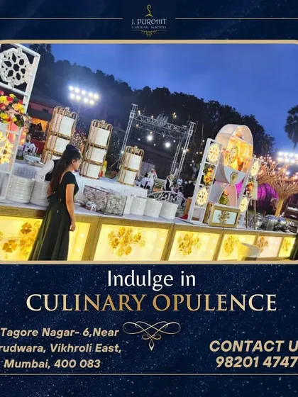 For grand celebrations, I design opulent buffet displays that are a feast for the eyes. This setup for a large wedding features elegant lighting, multi-level serving stations, and a wide array of dishes to create a truly luxurious experience.