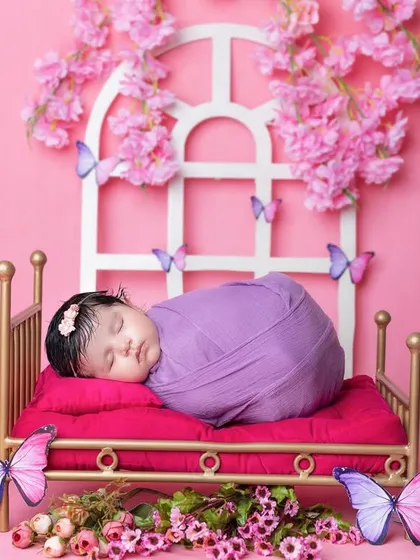A beautiful butterfly-themed setup for a newborn girl, sleeping on a miniature bed.