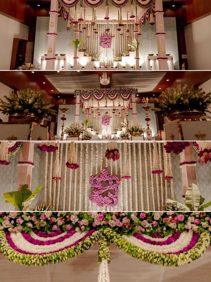 A collage of the grand and intricate floral decorations at a wedding, showing the level of detail that goes into creating a beautiful event.