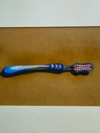 "Everything you can imagine is real." This piece is a surrealist take on an everyday object. I imagined a toothbrush with teeth for bristles, a playful and thought-provoking concept brought to life with colored pencils.