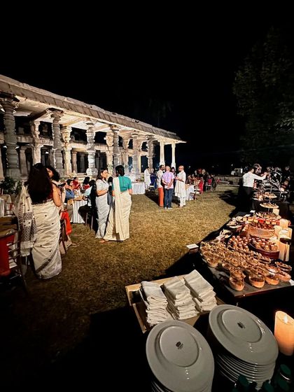 Another view of the Hampi wedding buffet, with guests lining up to enjoy the multi-cuisine spread prepared by my team.