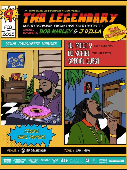 We love creating unique event concepts, like this 'Two Legendary' cookout paying homage to Bob Marley and J Dilla. This custom comic book style poster captures the DIY spirit of our pop-up events, which bring together all-vinyl sets, food, and merch for a full cultural experience.