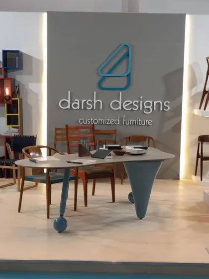 Our booth at the IDAC exhibition, ready for visitors on Day 1. We showcased a variety of our custom chairs and a unique table design to give people a taste of what we can do.