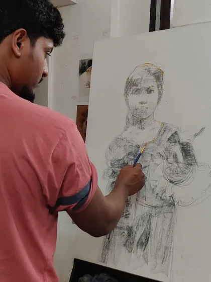 In my studio, working on a piece titled "The Hope of Innocent Flowers" for the Maharashtra State Art Exhibition at Jehangir Art Gallery. This work explores the metaphor of slum children and their resilient spirit.