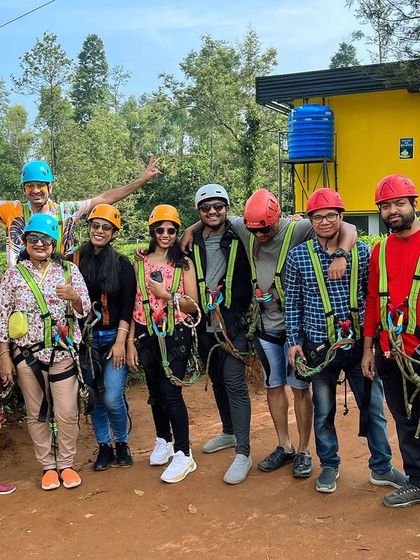 Getting geared up for a ziplining adventure in Wayanad. We provide all the necessary safety equipment and instruction for a worry-free experience.