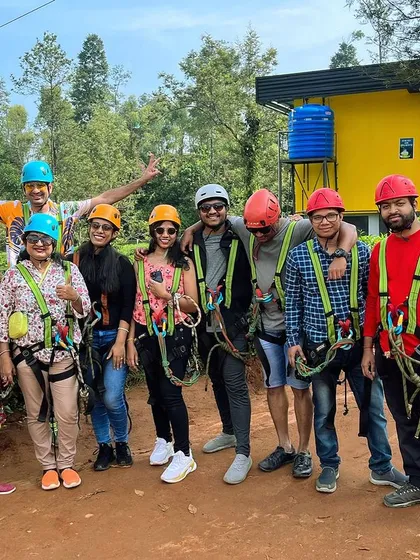 Geared up and ready for some adventure! Ziplining over the tea gardens in Wayanad is an exhilarating experience that gives you a bird's-eye view of the stunning scenery.