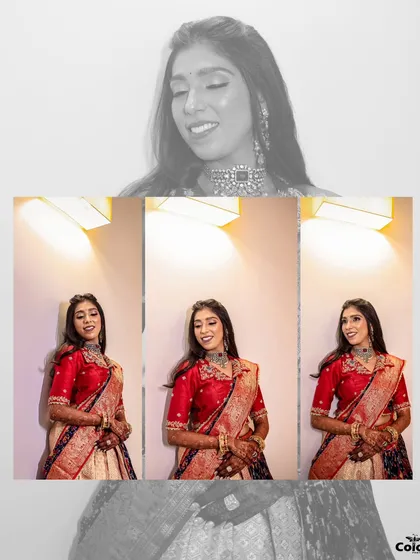 A creative collage of a bride in her red and gold half saree, capturing her elegance and smile.