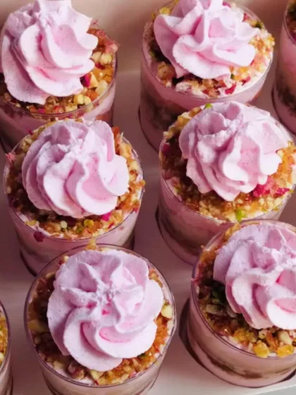 A modern take on a traditional sweet, these are my Rose Chikki dessert cups. They feature layers of crunchy, nutty rose chikki with a fragrant rose cream.