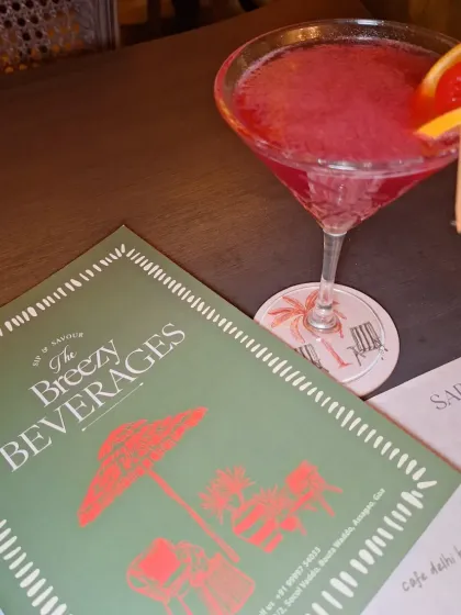 The breezy beverages menu and a refreshing cocktail at Saravá, Goa.