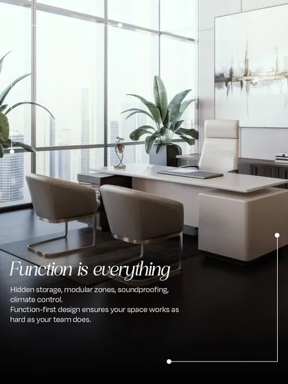 An executive office designed with functionality at its core. This space features a large desk with clean lines, ergonomic seating, and ample natural light from floor-to-ceiling windows, creating a powerful yet comfortable environment for decision-makers.