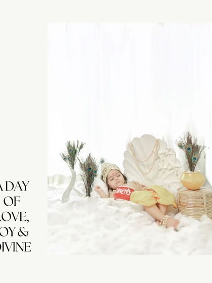 A peaceful moment captured during the Janmashtami shoot, with the baby as little Krishna sleeping serenely amidst the divine setup. It represents a day of love, joy, and divine connection.