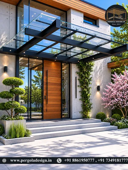 We believe a grand entrance sets the tone for the entire home. This modern glass canopy provides weather protection without sacrificing light, creating a welcoming and architecturally striking entryway for a luxury villa.