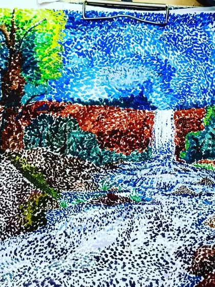 The final result of a pointillism landscape. This intricate piece was created using thousands of tiny dots of color, a technique known as stippling, which we explore in our advanced art classes.
